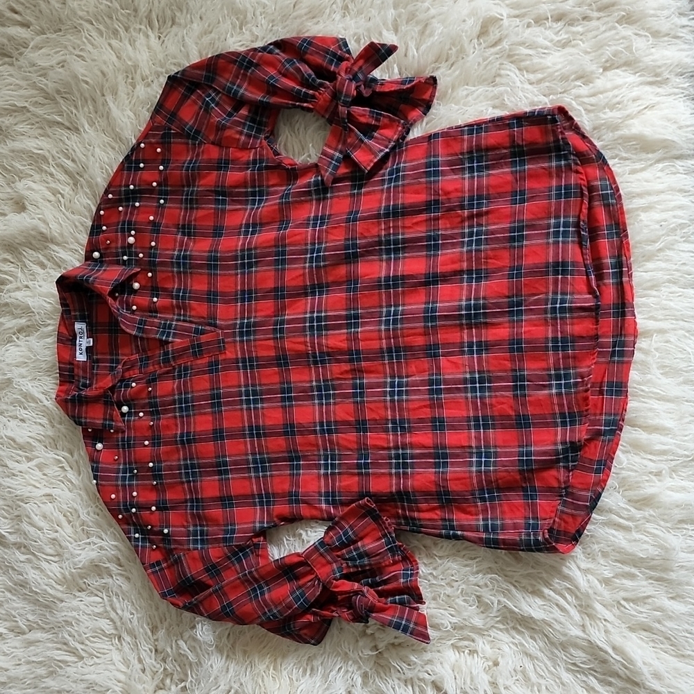 NEW Kontrol Contemporary Tartan Plaid Notch Neck Popover Tunic Top Style #T14864